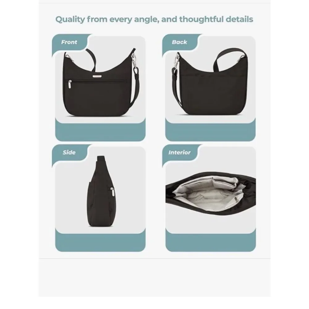Travelon Anti-Theft Essentials East/West Small Hobo Bag, Black, NWT